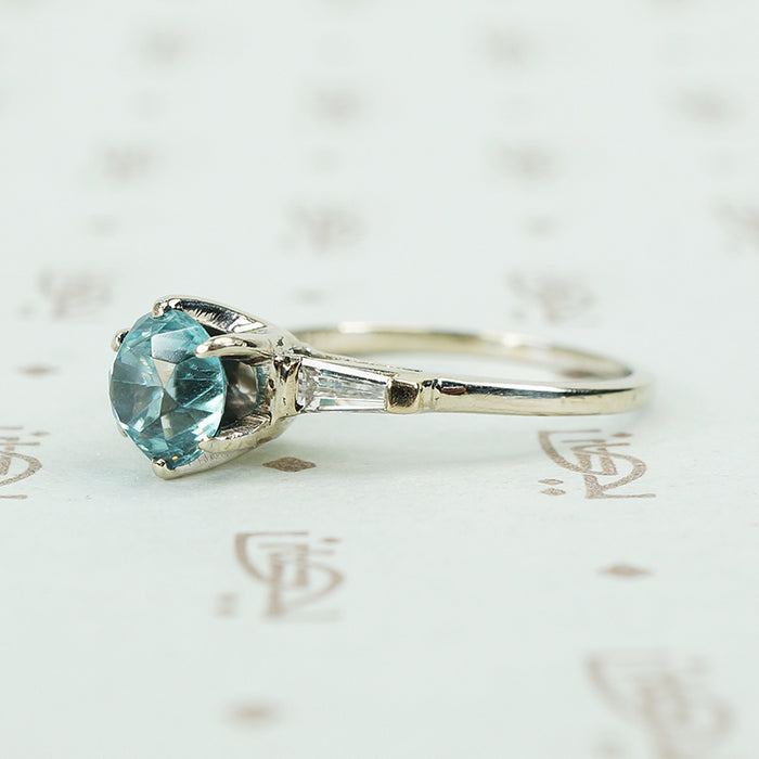 14k white gold natural blue zircon and baguette diamond engagement ring side details
