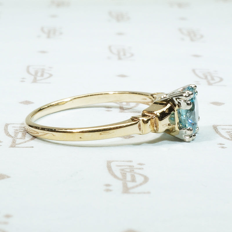 1 carat natural blue zircon 2 tone 14k 1940's engagement ring