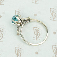 14k white gold natural blue zircon and baguette diamond engagement ring side details
