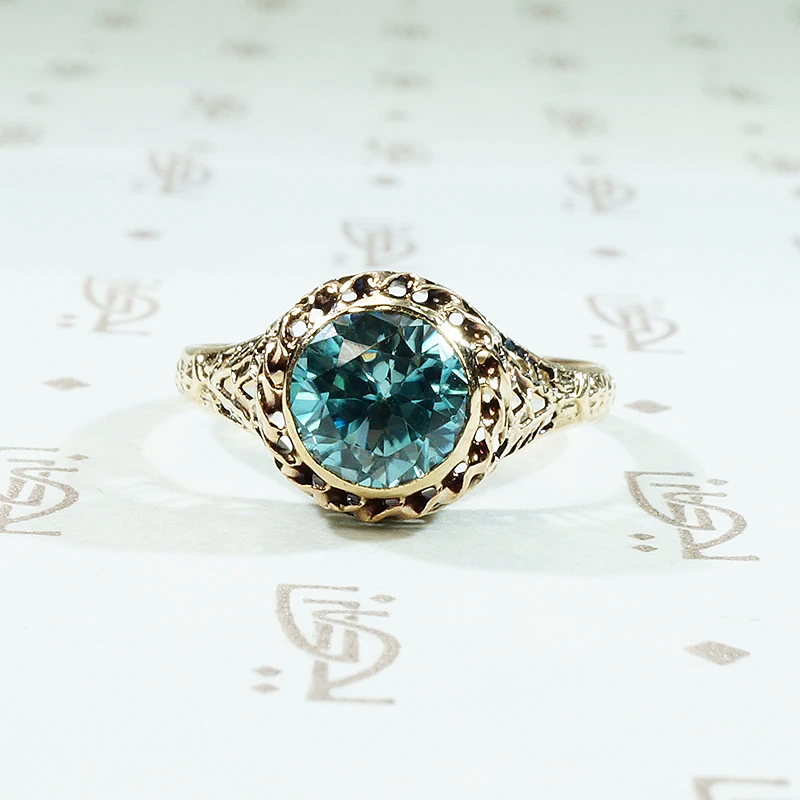 Dazzling Natural Blue Zircon in Gold Filigree Ring