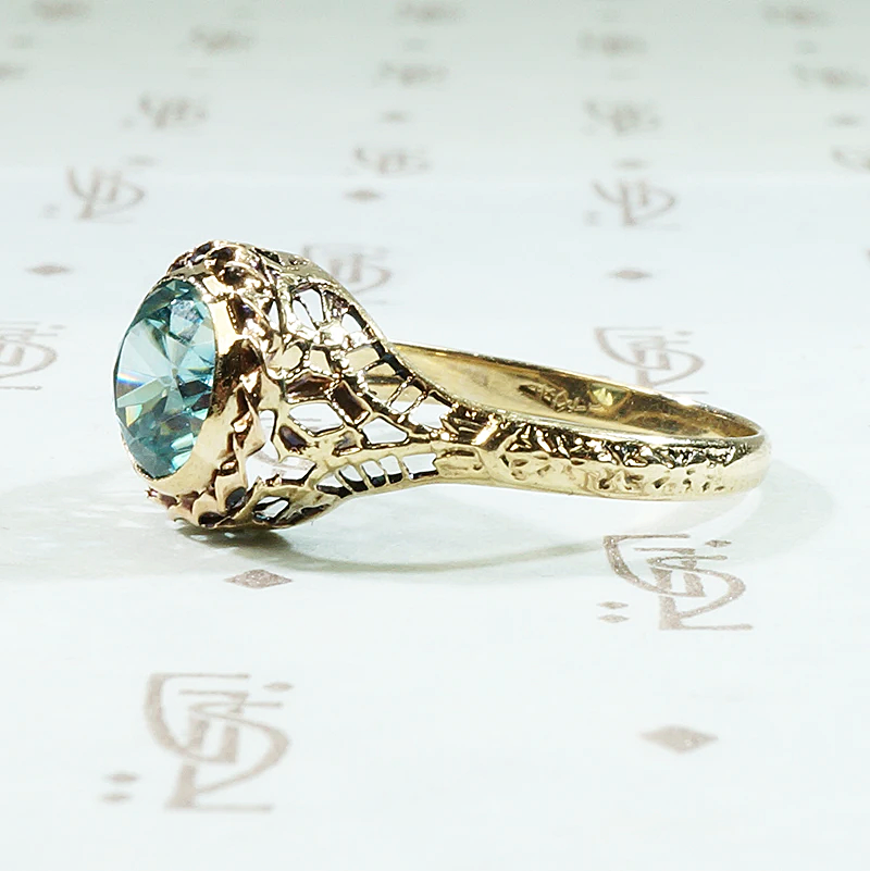 Dazzling Natural Blue Zircon in Gold Filigree Ring