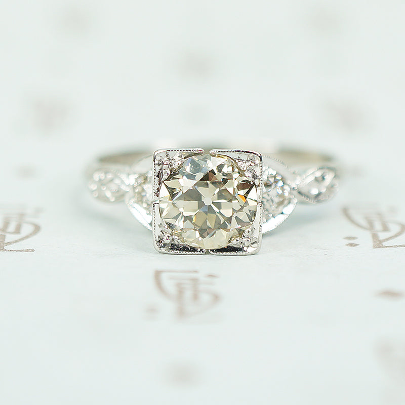 Fancy light brown platinum 1940's engagement ring