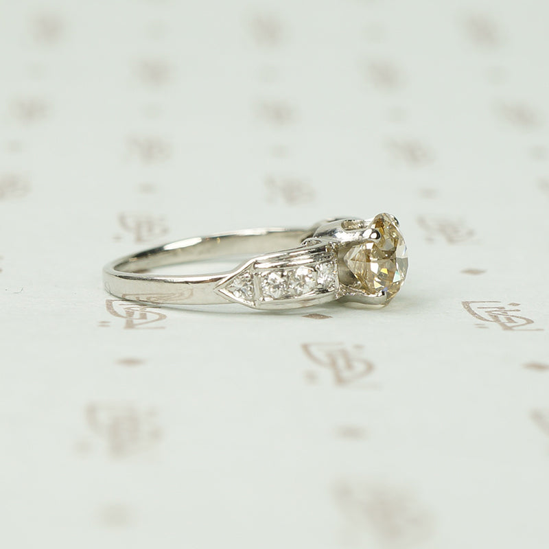 Platinum Art Deco Engagement Ring with Light Brown Diamond