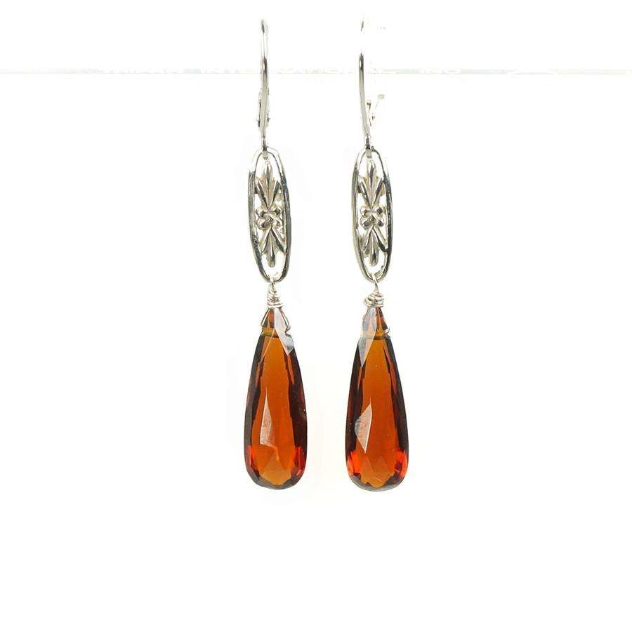 The Marché Pendant Drop Earrings by Brunet in White Gold with Garnets
