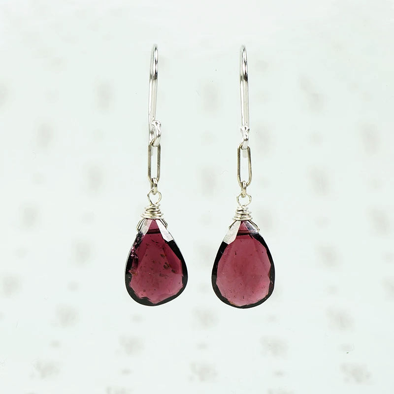 faceted garnet drop earrings in 14k recycled white gold