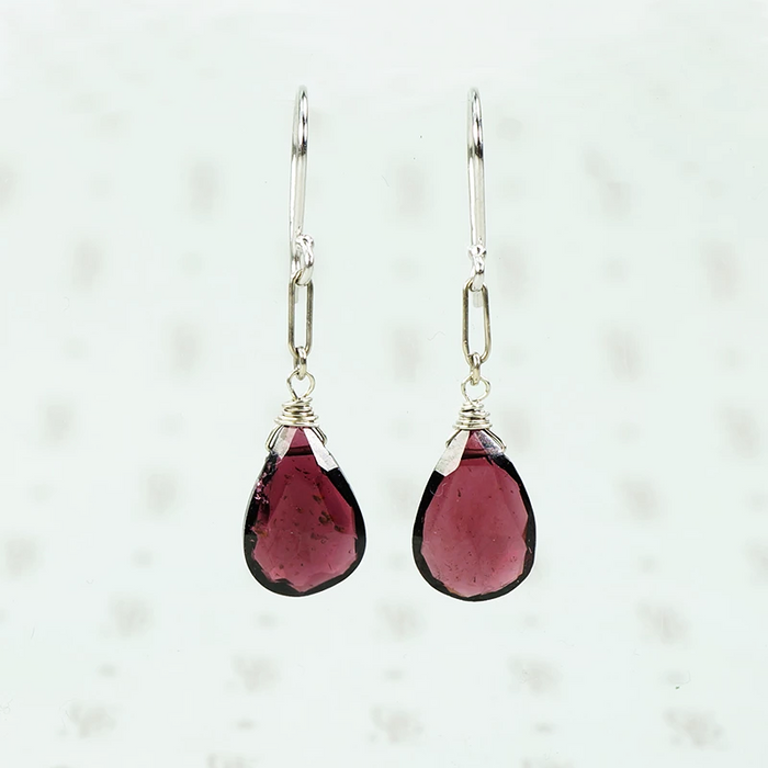 faceted garnet drop earrings in 14k recycled white gold