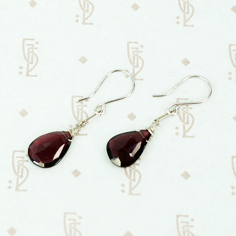 faceted garnet drop earrings in 14k recycled white gold