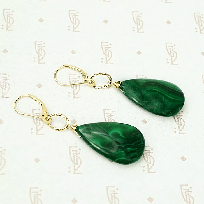 Dimpled Gold Malachite Drop Earrings by brunet