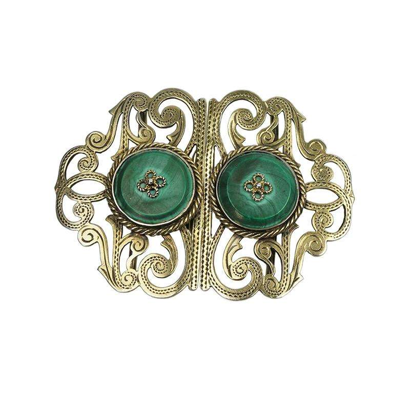 English Hallmarked Edwadian Silver Gilt Buckle set with Malachite
