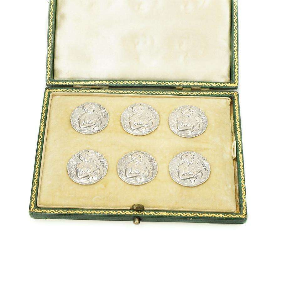 Art Nouveau boxed set of  Sterling Silver Buttons
