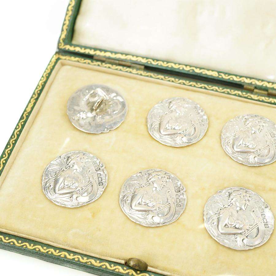 Art Nouveau boxed set of  Sterling Silver Buttons