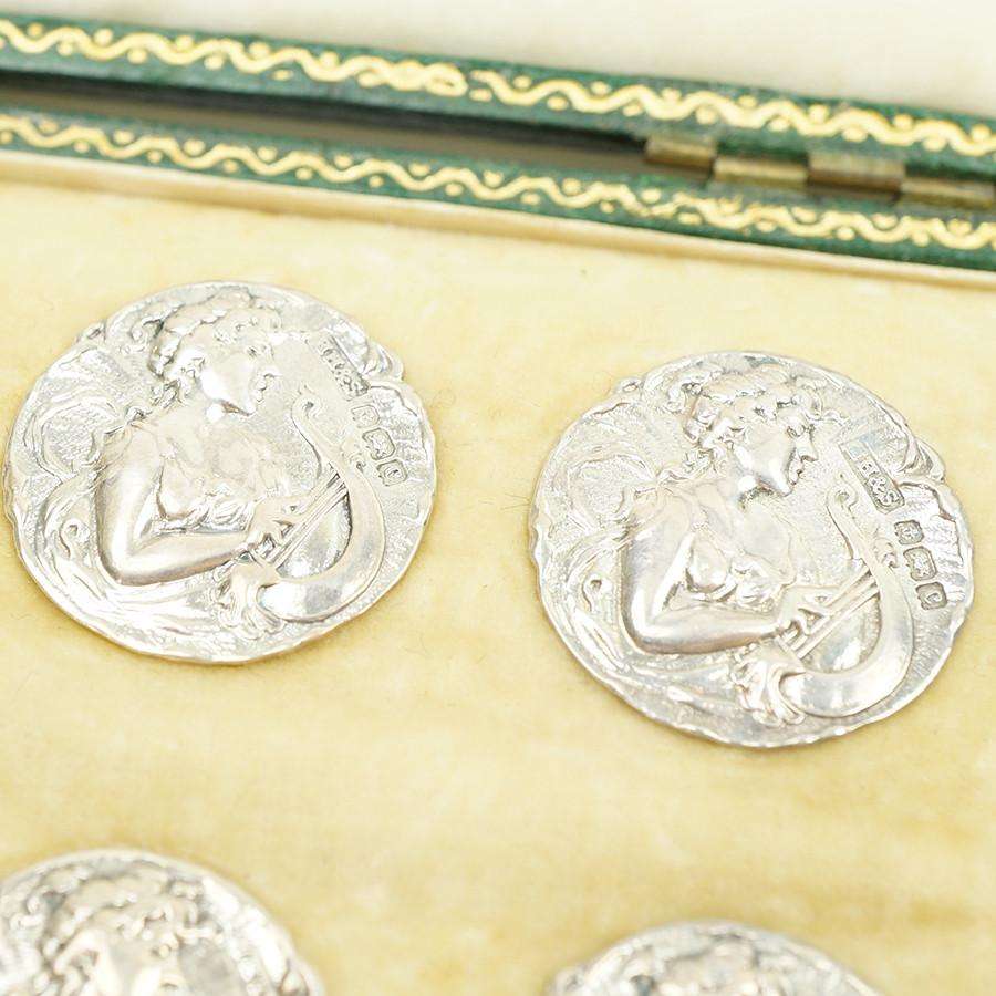 Art Nouveau boxed set of  Sterling Silver Buttons