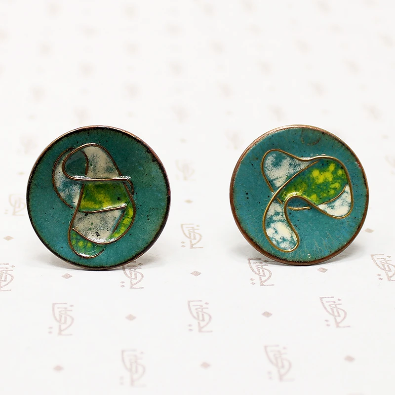 Artisan Aquatic Motif Enamel on Copper Cufflinks 