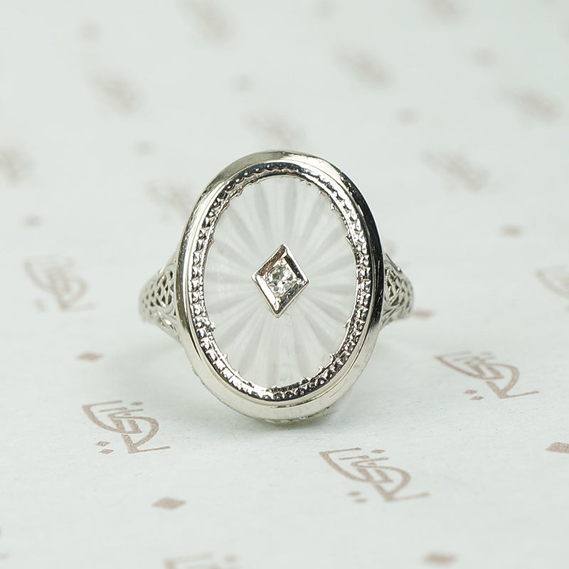 Deco Filigree White Gold Camphor Glass Ring