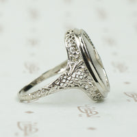 Deco Filigree White Gold Camphor Glass Ring