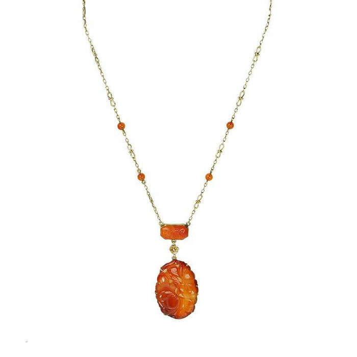 Carved Carnelian and Yellow Gold Necklace Vintage Deco - Gem Set Love