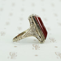 carved carnelian in white gold filigree ring circa 1920's side view