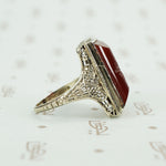 carved carnelian in white gold filigree ring circa 1920's side view