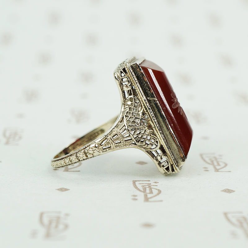 carved carnelian in white gold filigree ring circa 1920's side view
