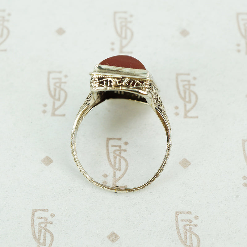 carved carnelian in white gold filigree ring circa 1920's