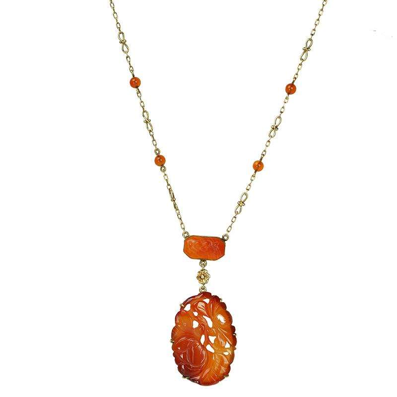 Carved Carnelian and Yellow Gold Necklace Vintage Deco - Gem Set Love