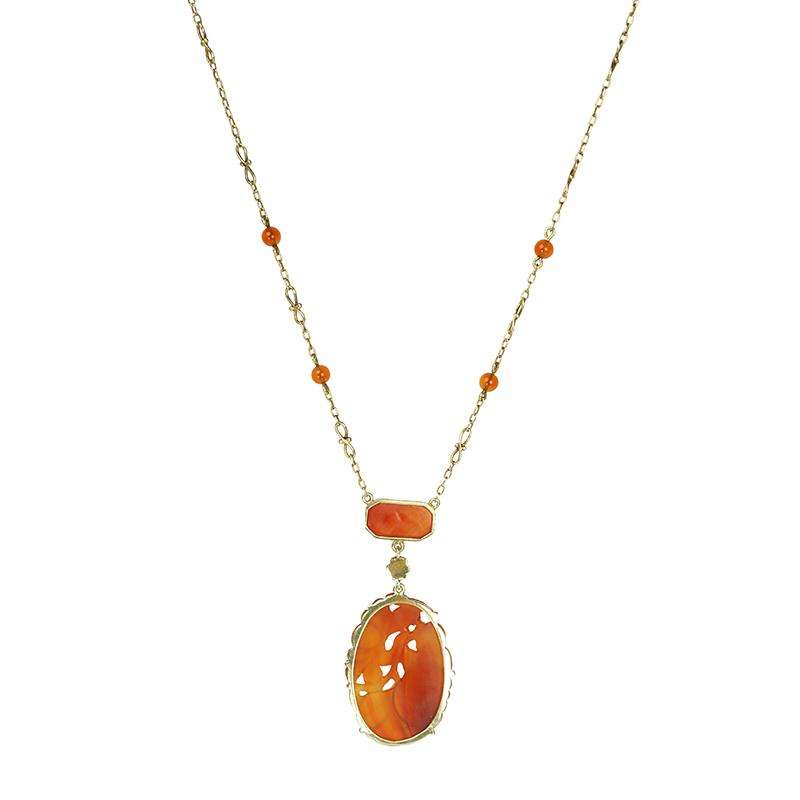 Carved Carnelian and Yellow Gold Necklace Vintage Deco - Gem Set Love