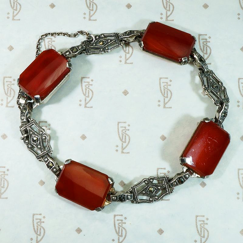 Glamorous Carnelian & Silver Bracelet with Marcasite