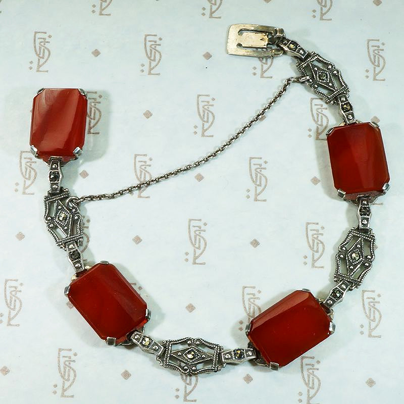 Glamorous Carnelian & Silver Bracelet with Marcasite