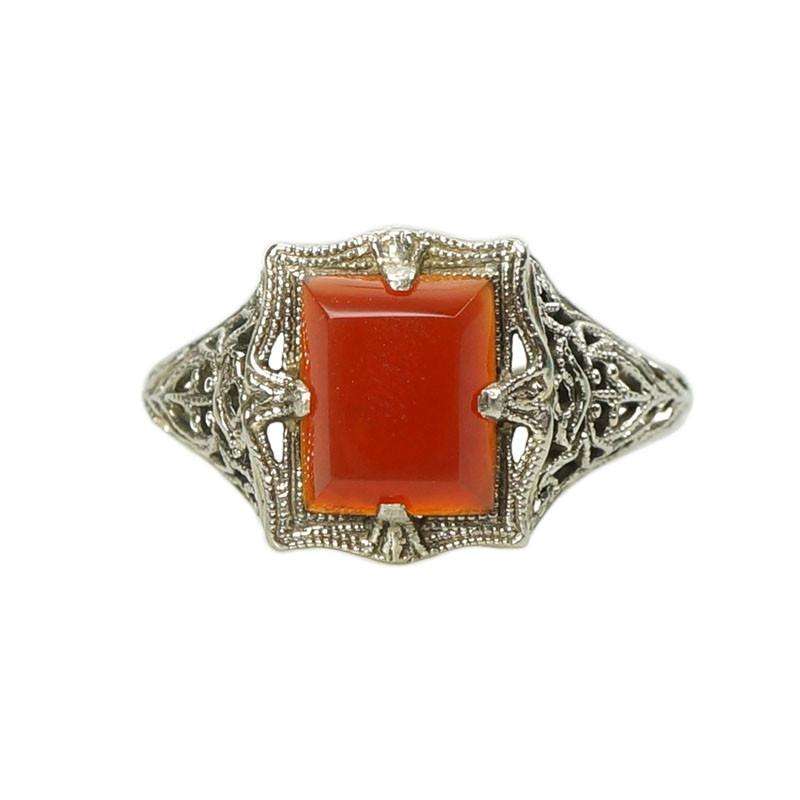 Vintage White Gold Filigree Ring with Carnelian