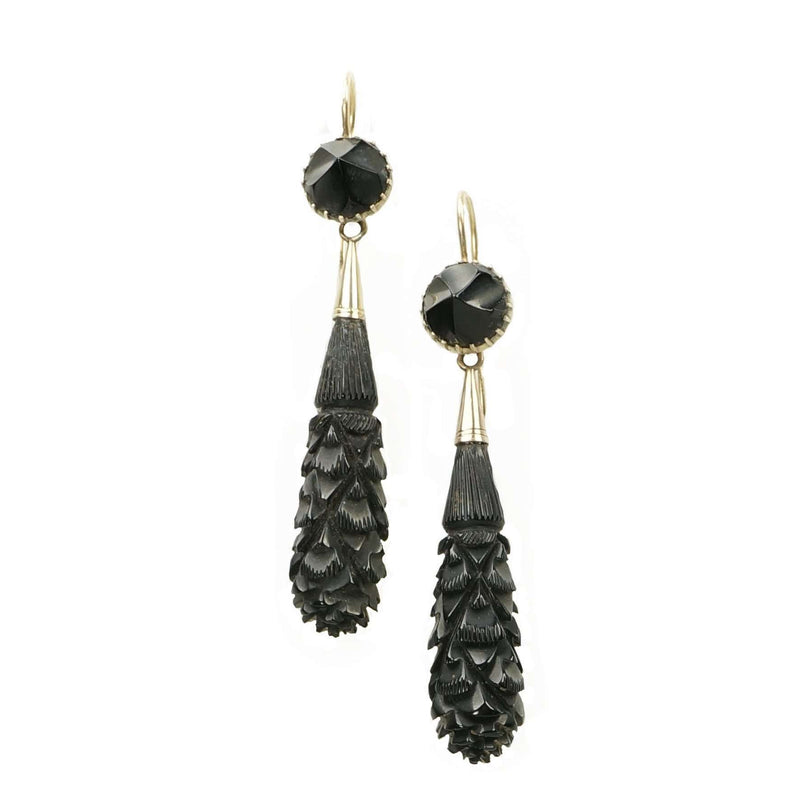 Heavily carved Torpedo shaped Jet Earrings