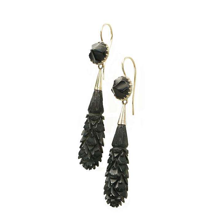 Heavily carved Torpedo shaped Jet Earrings