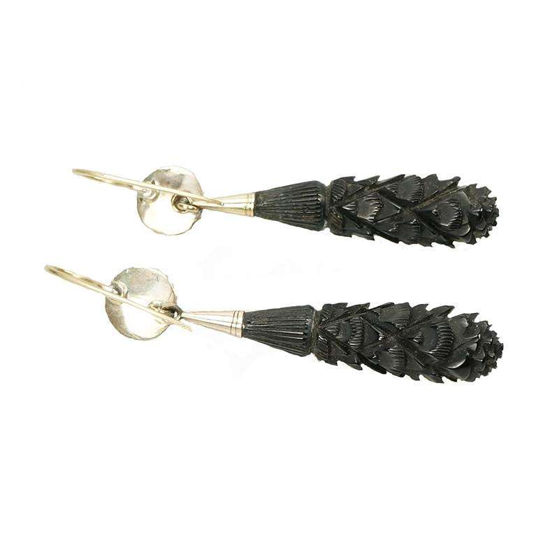 Heavily carved Torpedo shaped Jet Earrings
