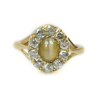 Cats Eye Chrysoberyl surrounded by Old Mine Diamonds