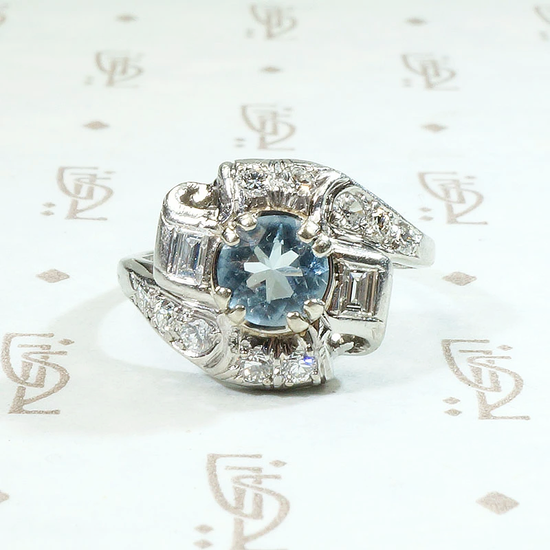 Aquamarine & Diamond Deco Cocktail Ring in Platinum