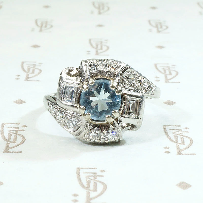 Aquamarine & Diamond Deco Cocktail Ring in Platinum