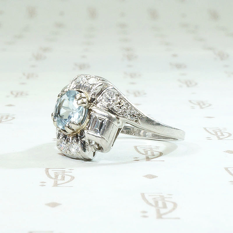 Aquamarine & Diamond Deco Cocktail Ring in Platinum