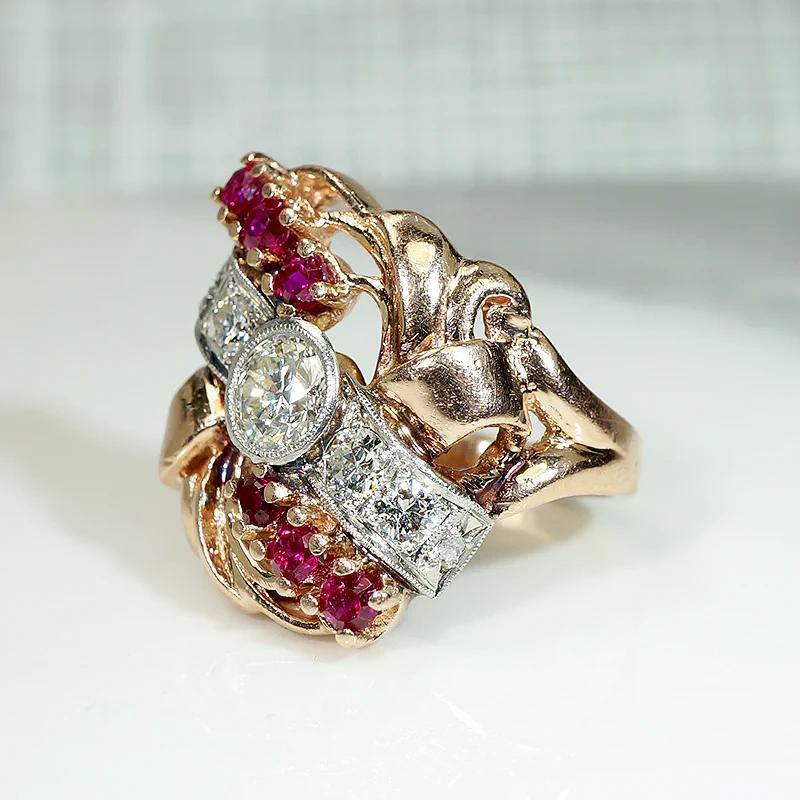 Exuberant Retro Statement Ring with Diamonds & Rubies