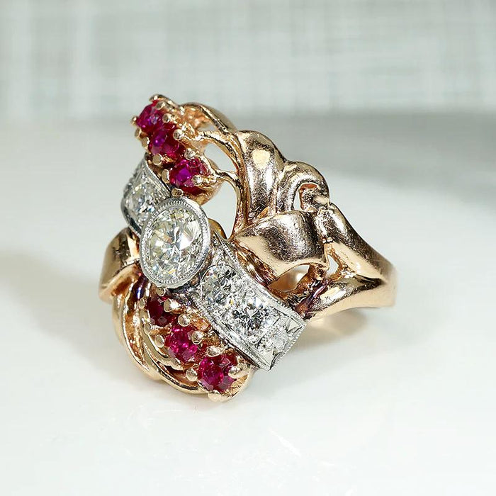 Exuberant Retro Statement Ring with Diamonds & Rubies