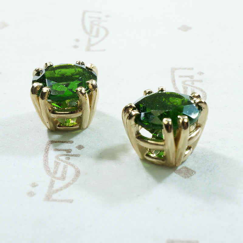 deep green diopside gems in 14k yellow gold stud earrings