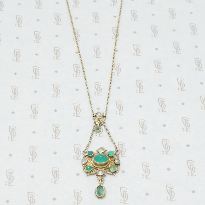 austro-hungarian chrysoprase and mother of pearl pendant in giltsilver