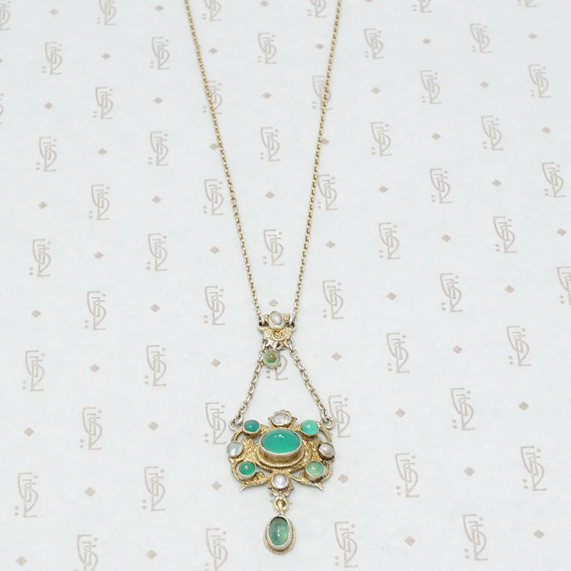 austro-hungarian chrysoprase and mother of pearl pendant in giltsilver