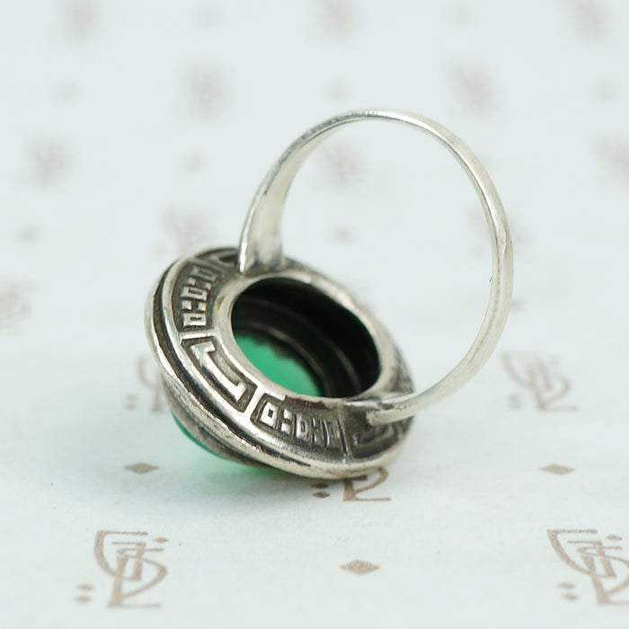 deco marcasite sterling and chrysoprase ring detail view