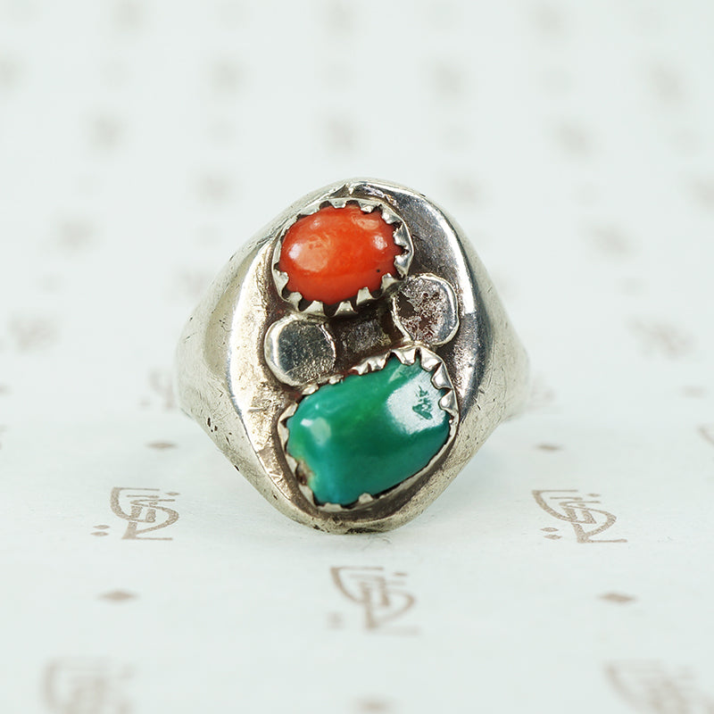 chunky silver and turquoise and coral ring