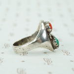 Coin Silver Chunky Turquoise and Coral Ring