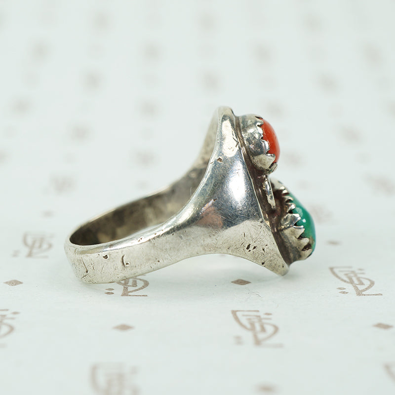 Coin Silver Chunky Turquoise and Coral Ring