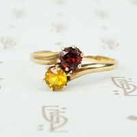 vintage gold toi et moi ring with garnet and citrine