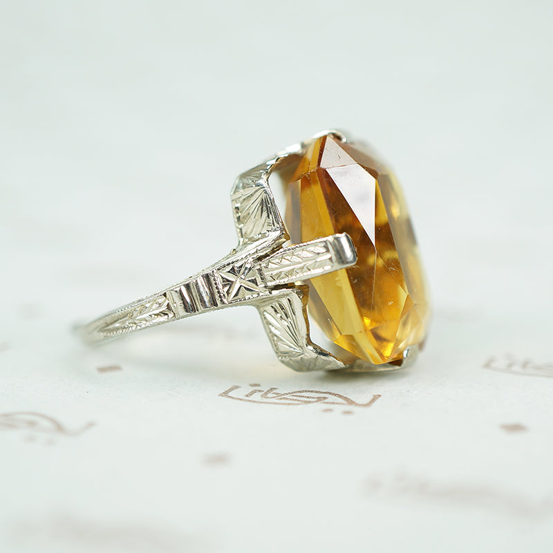 deco white gold highly detailed setting with rich colored citrine stone