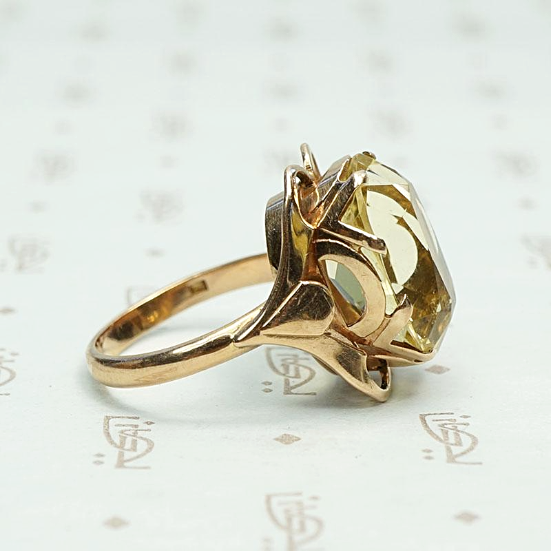 Russian Sunny Citrine Cocktail Ring in Rose Gold, side view.