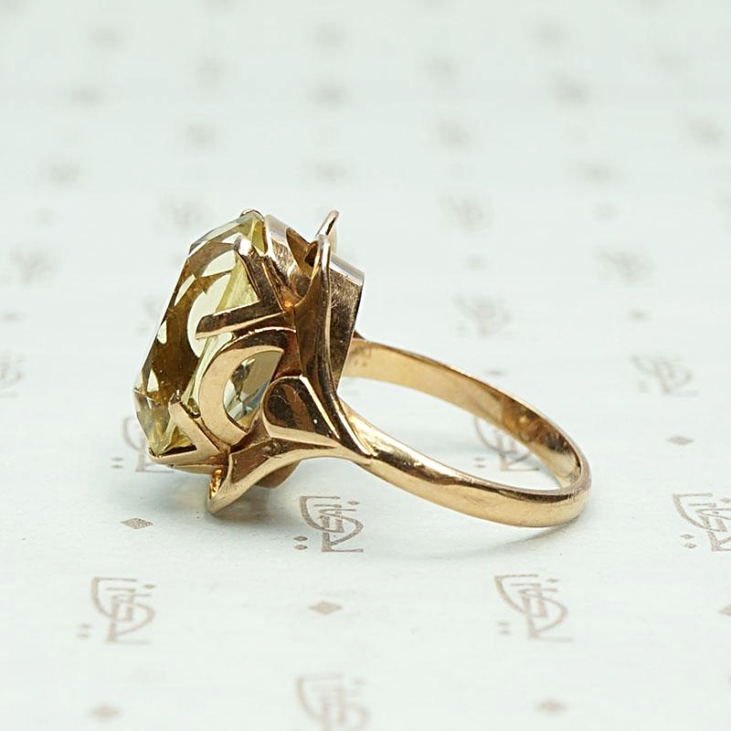 Russian Sunny Citrine Cocktail Ring in Rose Gold, side view.
