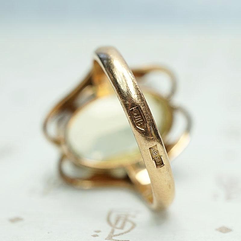 Russian Sunny Citrine Cocktail Ring in Rose Gold, hallmark view.